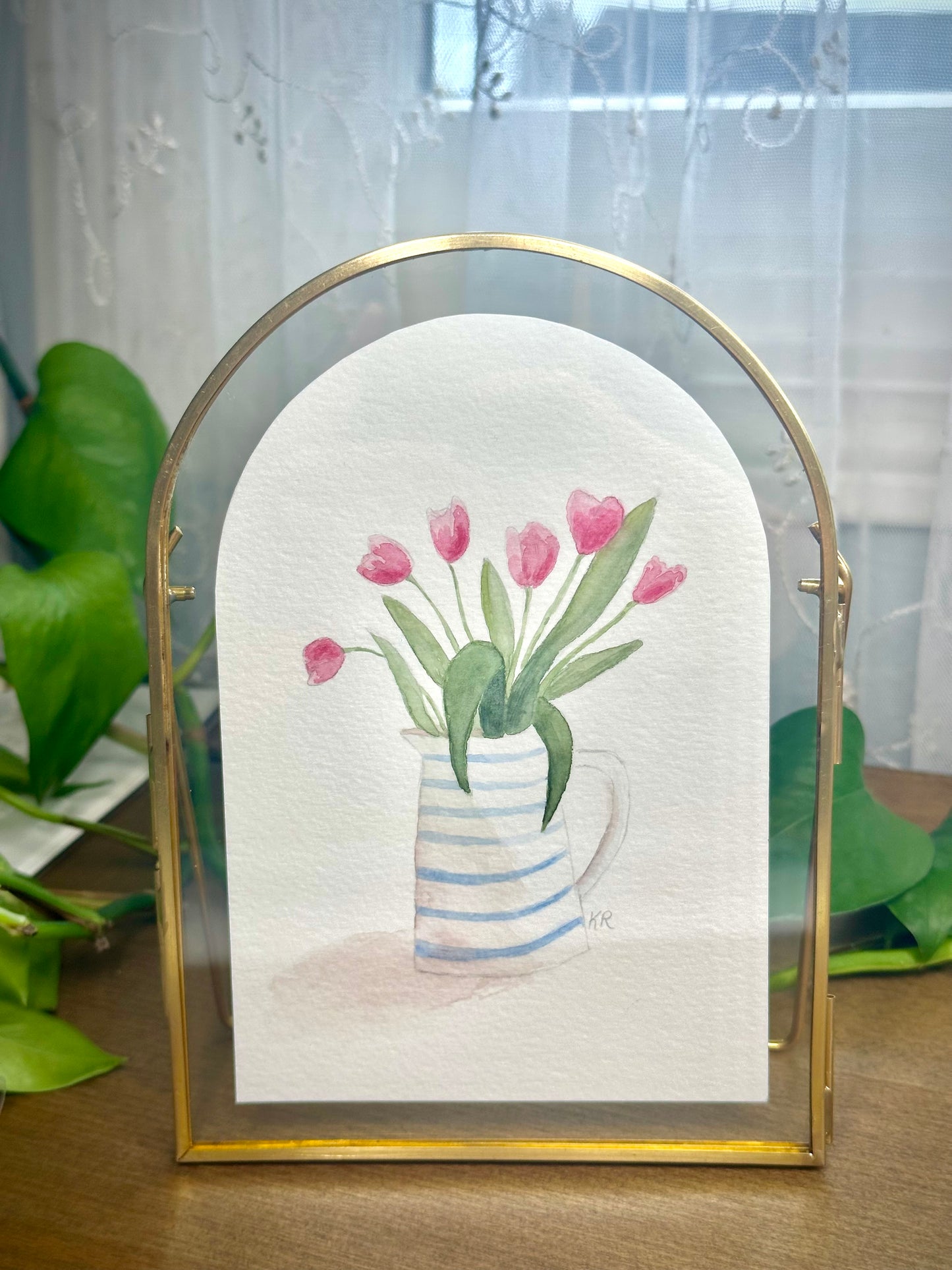 CUSTOM ORIGINAL Tulips Watercolor Painting - Gold Arch Frame