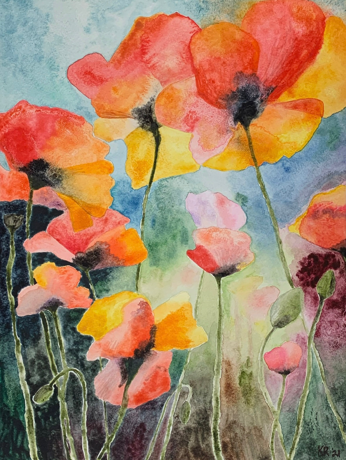 Watercolor painting of colorful poppies with a soft background